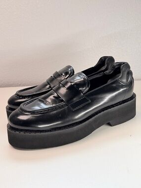 Aquatalia Black Leather Weatherproof Platform Loafers Size 9.5 black Glossy NEW